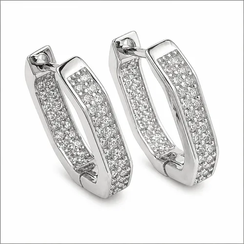 Brinco 1,4 cm Prata Argola Retangular com Zircônias