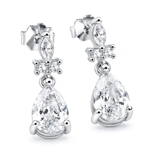 Brinco Gota e Navete com Cristal e Zircônias 1,5 cm em Prata 925