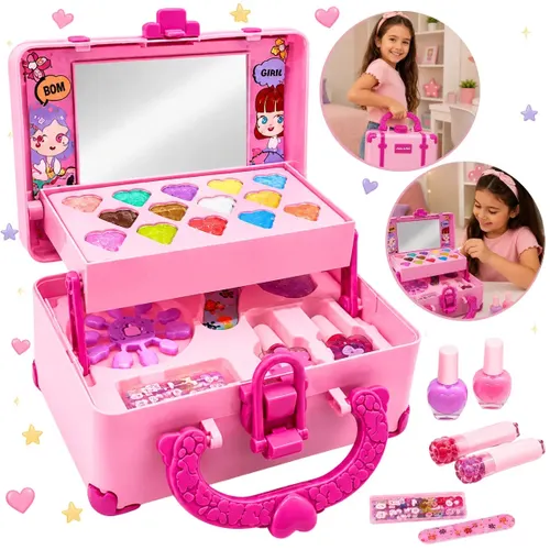 Maleta de Maquiagem Infantil Lavável com Espelho Kit Completo 32 Peças Antialérgica Presente Menina Mompas