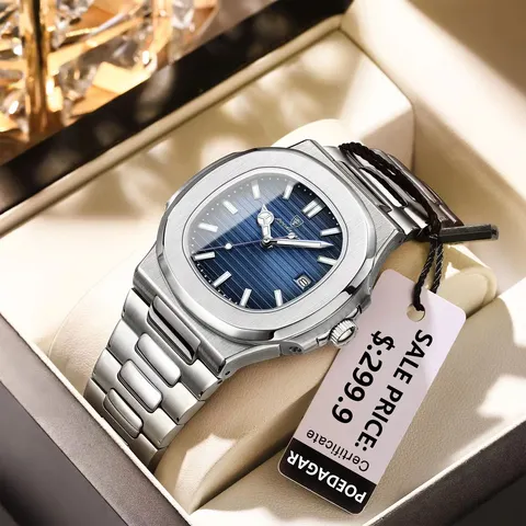 Poedagar quadrado de luxo relógio de pulso masculino à prova dwaterproof água luminosa data aço inoxidável relógio masculino negócios esportes relógios quartzo para homem