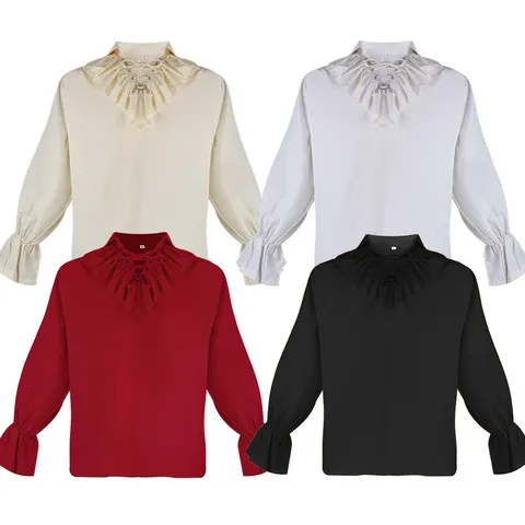 Camisas medievais de viking, pirata e vampiro, camisa de manga comprida com detalhes em estilo steampunk e folhos, blusa gótica, tops, fantasias de Halloween.