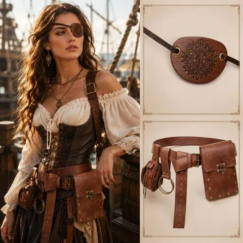 Cintos, bolsas, máscaras para os olhos e ganchos para cantil, acessórios de fantasia renascentista, para complementar fantasias de Halloween.