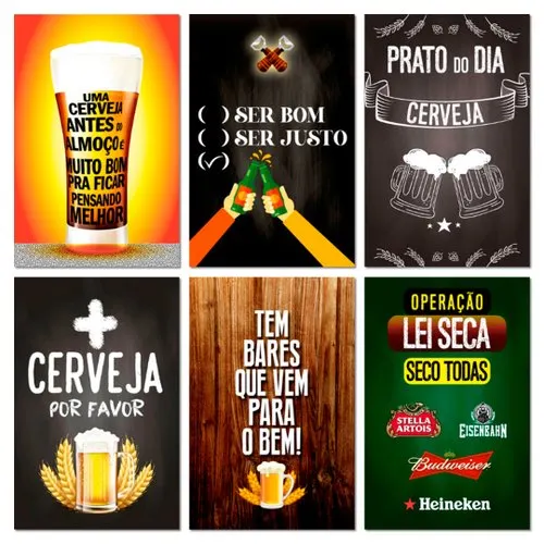 Kit Placas Quadros Frases Bar Cervejas Mdf 6 pçs 20x13 cm