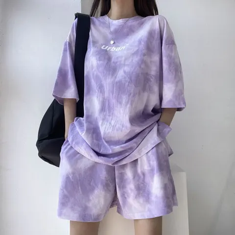 Conjunto de Camiseta e Shorts Feminino Casual Tie Dye, Camiseta Solta e Shorts de Perna Larga com Bolsos, Conjuntos de Shorts de Verão Macios para Mulheres