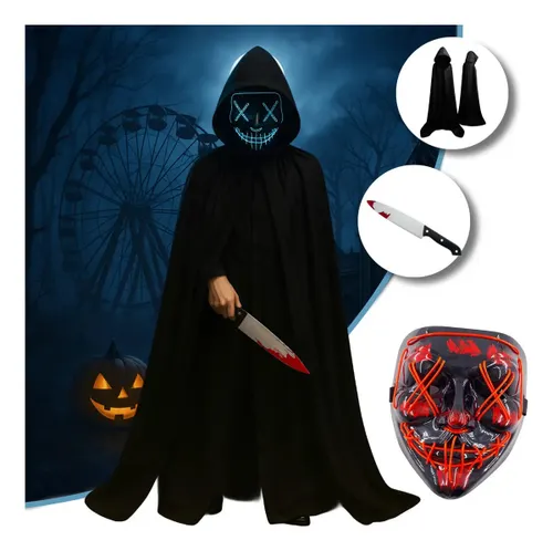 Kit Fantasia Completa Halloween Festa Fantasia Terror Cosplay Máscara Led Neon Capa Cetim Vampiro Drácula Faca Realista - The Purge Uma Noite de Crime