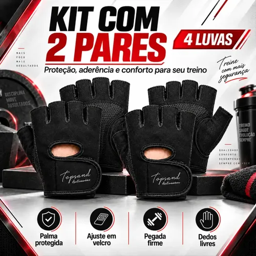 Kit 2 Pares Luva Academia Musculação Treino Crossfit Unissex Ajustável Protetor Palmar Antiderrapante Neoprene Grip Fitness Proteção Contra Calos Palma Preta Tamanho Único P/ Treino Topsand Activewear