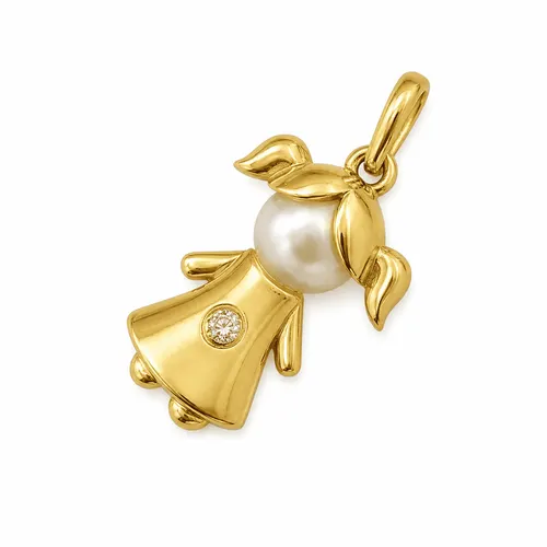 Pingente 2 cm Menina com Pérola 5 mm e 1 Diamante Ouro 18K