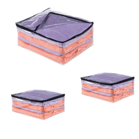 3 Saco Organizador Multiuso Embalagem Transparente Edredom Coberta Toalhas de Pvc e Ziper Preto Enxoval Guarda Roupa