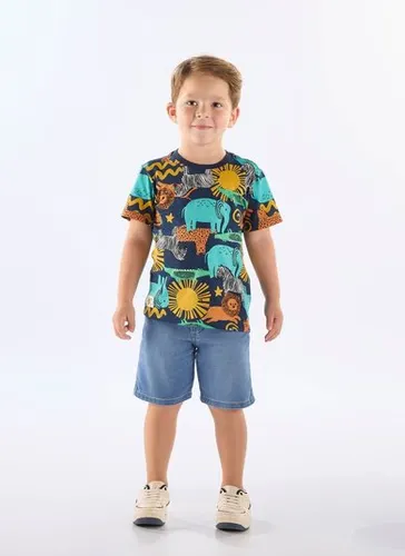 Camiseta Infantil Safári em Algodão (Azul Marinho) Up Baby