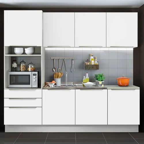 Armário de Cozinha Completa 240 x 60 cm Branco Branco Veludo Lux Madesa 03