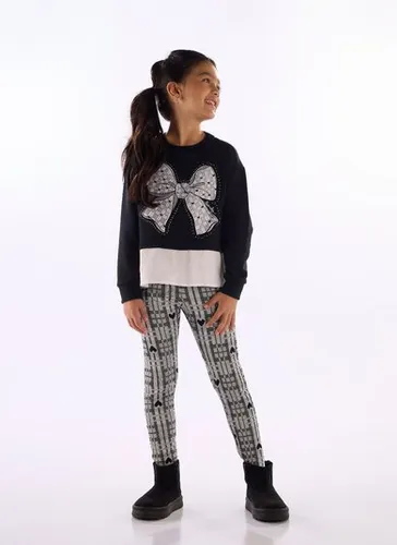 Conjunto infantil com blusa laço e legging xadrez Preto