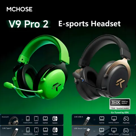 MCHOSE V9 Pro 2 Headset Gamer sem Fio para E-sports, 4 Modos de Áudio Espacial THX, Driver de 53mm, Over-Ear, Bateria de 300h, Co-ajustado pela EDG