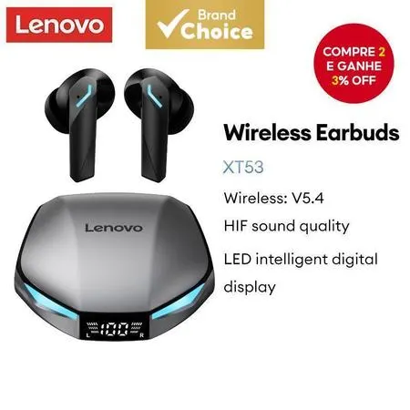 Lenovo XT53 TWS Bluetooth 5.4 Fones de Ouvido sem Fio para Jogos à Prova D'água LED Bateria Display HiFi Stereo Sound He