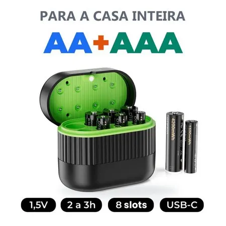 Kit Carregador de Pilhas Recarregáveis AA e AAA 8 Unidades 1,5V Lítio Carga Rápida 2-3h USB-C