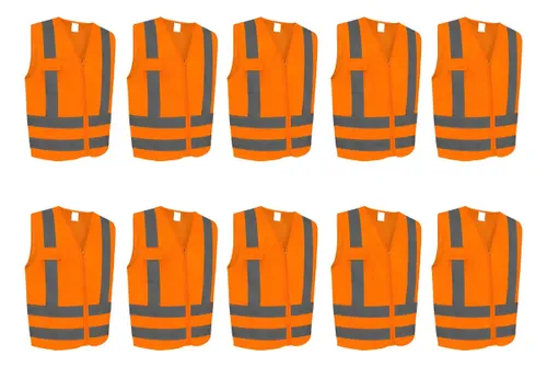 Kit 10 Coletes Refletivos Laranja, Com Zíper e 1 Bolso, Tamanho G
