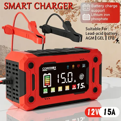 Carregador de Bateria de Carro 12V 15A com Função de Recuperação de Energia, Tela Digital LED Sensível ao Toque, Adequado para Baterias Automotivas AGM e GEL
