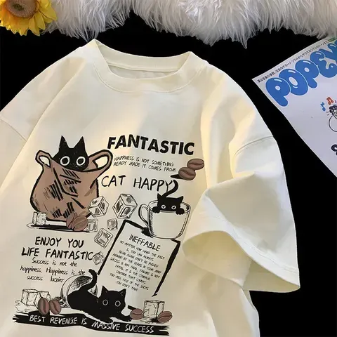 Novo masculino feminino t camisa pulôver oversize versão coreana dos desenhos animados gato grupo impresso camiseta casual manga curta casais camiseta