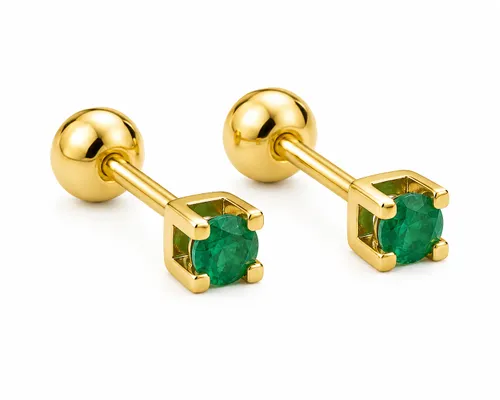 Brinco Solitário 2 mm com 2 Esmeraldas e Diamantes de 4 Pontos em Ouro 18K