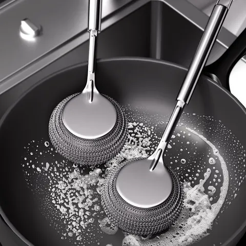 Escova de Aço Inoxidável com Cabo Longo e Esponja de Lã de Aço para Limpeza Pesada de Panelas e Utensílios de Cozinha