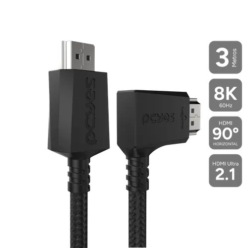 Cabo HDMI PCYES 2.1 90° Horizontal 8K 60Hz Nylon Preto 3 Metros PHM21-3HNP