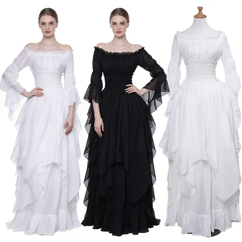 Vestido Medieval Retro com Ombros Descobertos, Vestidos Maxi, Vestido de Princesa com Mangas Sino de Renda Deslumbrante, Vestido Gótico Estilo Corte Europeu
