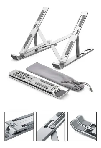 Suporte para Notebook e Macbook de Alumínio Dobrável Prateado Ajuste de Altura e Inclinação Confortáve Base Antiderrapante Portátil Articulado Reforçado Ergonomico Universal para 14 a 20 Polegadas