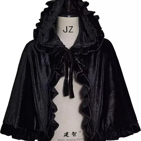 Capa Curta de Veludo com Capuz para Mulheres, Estilo Medieval, Vitoriano, Steampunk, Gótico, Sweet Lolita, com Gola, Capa de Vampiro e Feiticeira