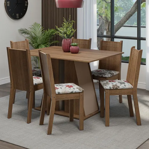 Conjunto Sala de Jantar Mesa Tampo de Madeira 6 Cadeiras Rustic/Crema/Hibiscos Sharon Madesa