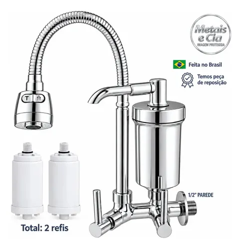 Torneira com Filtro Gourmet Pia Bica Cozinha Parede 2 Refis Flexivel Purificador com Algodão PP Ativo