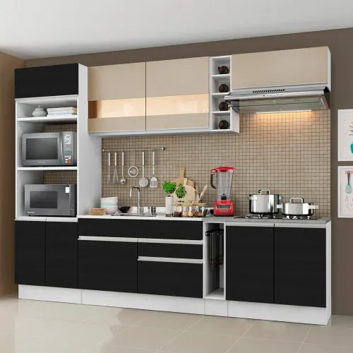 Armário de Cozinha Completa 290cm Branco/Preto/Crema Vicenza Madesa 06