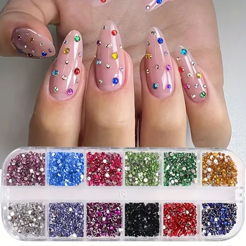 Strass de cristal cintilante para arte em unhas, 12 grades, pedras preciosas com parte traseira lisa para decoração versátil, adorna unhas, sapatos, bolsas de maquiagem
