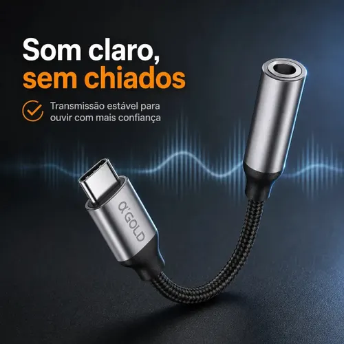 Cabo Tipo C Dac Chip P2 P3 Jpbg Cabo Adaptador USB Tipo C para P2 3.5mm com Chip DAC para Celulares e Notebooks