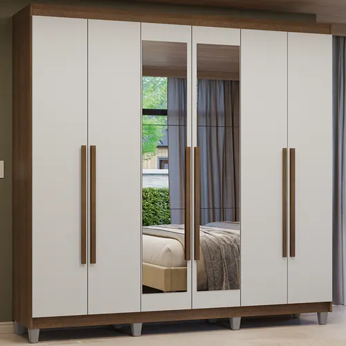 Guarda-Roupa Casal com Pés 6 Portas Batentes com Espelho Rustic/Branco/Rustic Venus Madesa