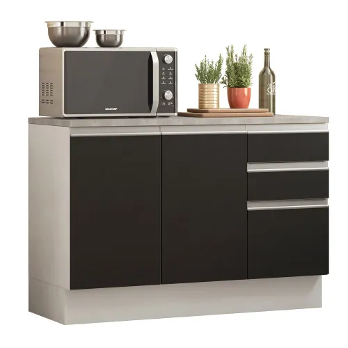 Balcão Madesa Glamy 120 cm 2 Portas e 3 Gavetas (Com Tampo) Branco/Preto