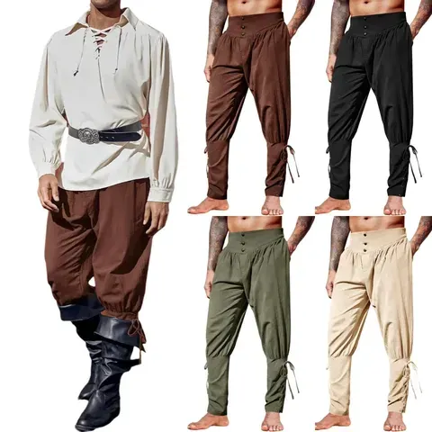 Calças de Tornozelo Masculinas Medievais, Estilo Renascentista, Viking, Pirata, Com Cadarço, Corte Afunilado, Para Fantasia de Halloween, Calças Cargo de Linho