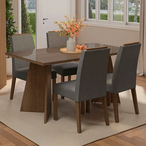Conjunto Sala de Jantar Tampo de Vidro 4 Cadeiras Rustic/Silver Braga Madesa