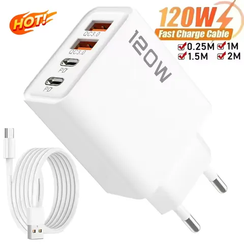 Estação de carregamento rápido usb c, 4 portas, 120w, pd qc3.0, adaptador de parede, cabo de dados para iphone, samsung, xiaomi, huawei, ue, eua, reino unido, plug, viagem