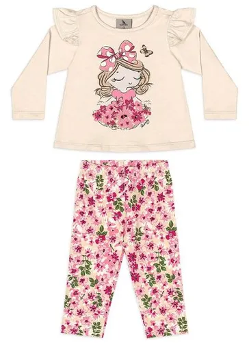 Conjunto Bebê Menina com Blusa Estampada e Legging Floral Bege