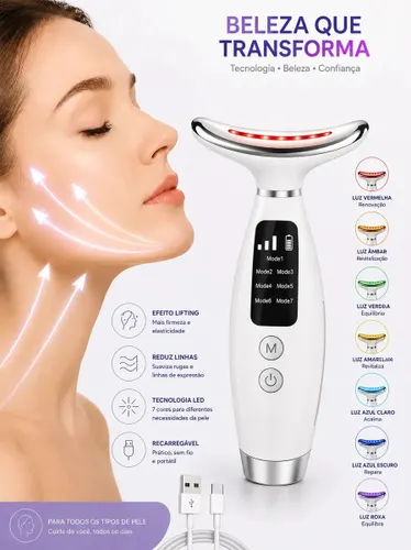 Massageador Facial para Pescoço e Rosto Rejuvenescedor Antirrugas e Papada com Fototerapia Led e Vibração 7 Cores Recarregavel Branco