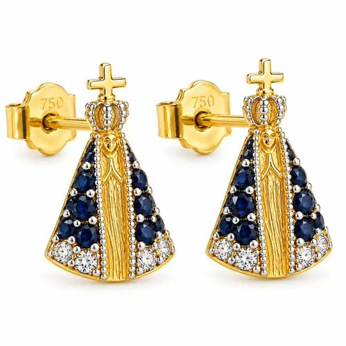 Brinco Nossa Senhora Aparecida 1 cm com Safira em Ouro 18K