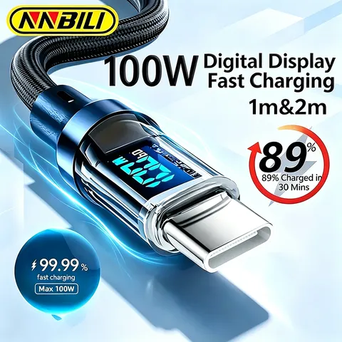 Cabo USB para Tipo C NNBILI 120W, Carregador Rápido, Cabo de Display USB Tipo C para USB C para Xiaomi POCO Huawei Macbook Honor 1/2m