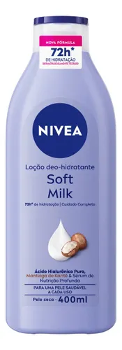 NIVEA Loção Deo-Hidratante Soft Milk 400ml, Hidratação Profunda 72h, Hialurônico Puro, Corporal, Pele Seca