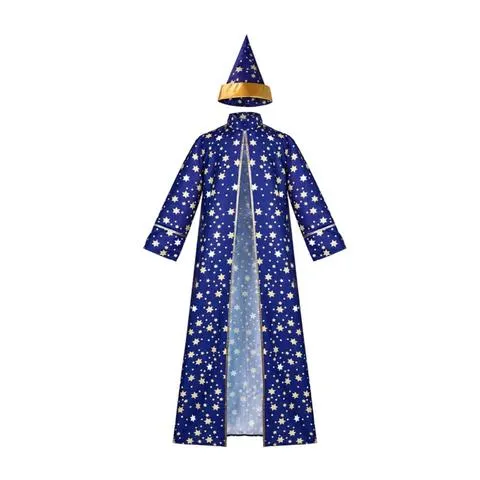 Conjunto de fantasia de mágico estrelado com capa e chapéu para cosplay, apresentações de palco, festas de Halloween e Natal.