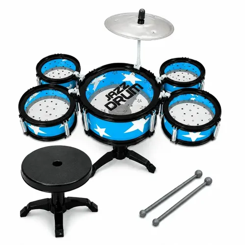 Mini Bateria Infantil Completa Banquinho Brinquedo 5 Tambores com Baquetas Presente Cor Azul