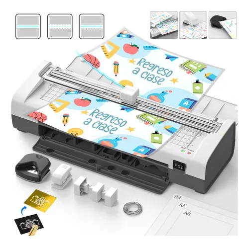Plastificadora e Laminadora A4 Qfun Quente e Fria, Com Kit 20 Plásticos,Cortador,Perfurador e três cabeças de corte para papel