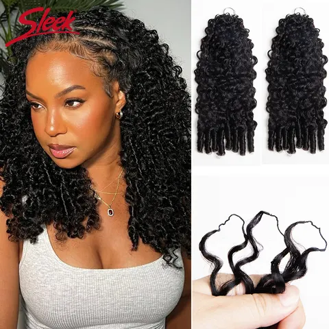 Extensão de Cabelo Humano Pre-looped com Pena para Crochê, Preto Natural, Cacheado Birmanês, Pré-separado, Sem Nós, Cabelo de Crochê Invisível