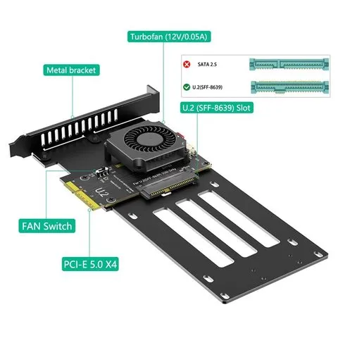 Placa adaptadora PCIe 5.0 X4 para SSD NVMe com ventoinha de refrigeração para U. 2(SFF-8639) para Desktop para Servidor de Desktop
