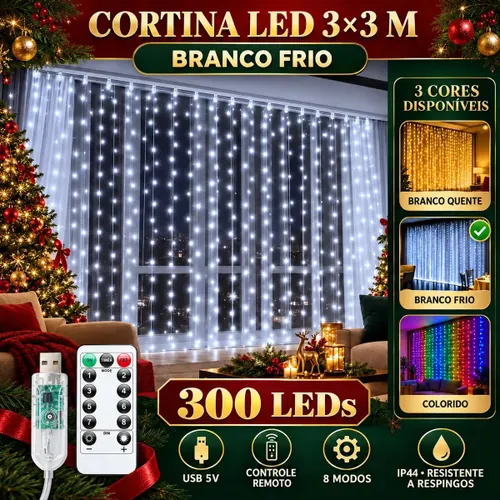 Pisca Cortina 300 Leds 3x3m Usb Ip44 8 Modos Iluminação Luzes Fada Decoração de Natal Festa Branco Frio Luvinco
