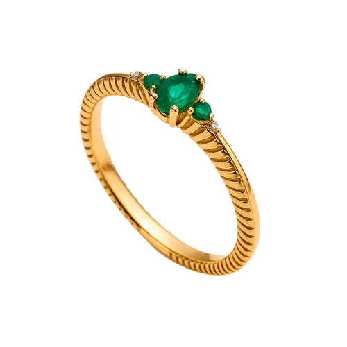 Anel Ouro 18K com Esmeralda Principal, Esmeraldas Laterais e Diamantes