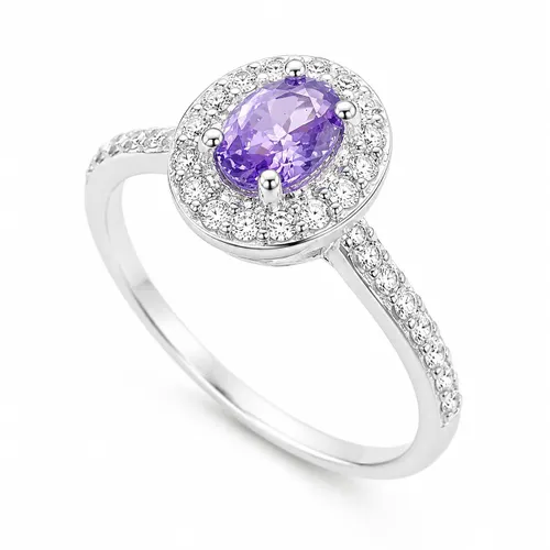 Anel Oval 9 mm com Zircônia Ametista e Zircônias em Prata 925